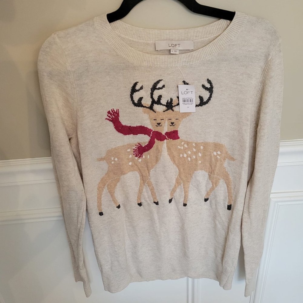 LOFT Holiday Deer Oatmeal Crew Neck Wool Blend Sweater - MEDIUM- NWT